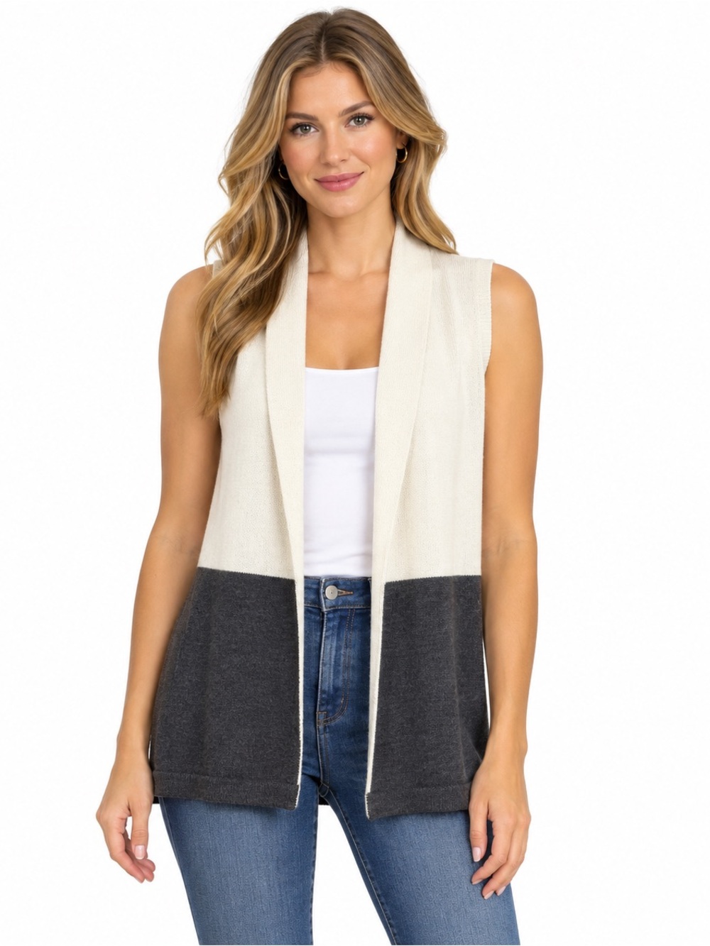 T By Talbots Women’s Size XL Colorblock Topper Vest Neutral Ivory Gray